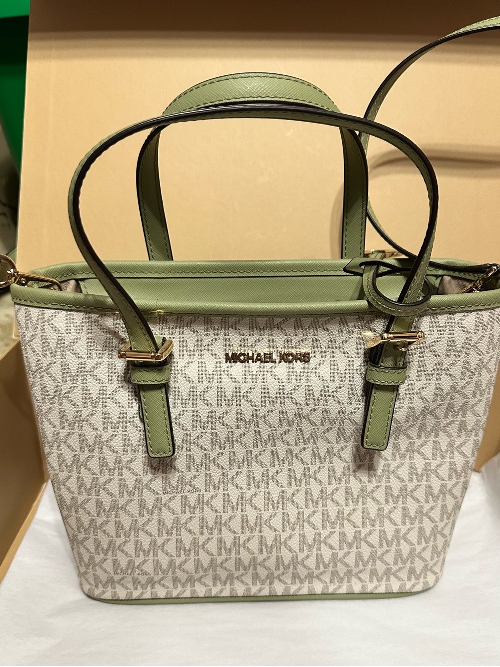 Michael Kors Mini Tote with Light Green Trim and Signature MK Print